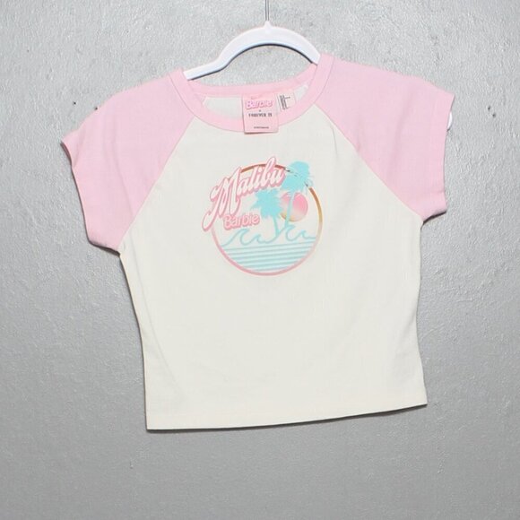 Forever 21 Barbie collab Malibu Barbie pink white crop top - Picture 1 of 7